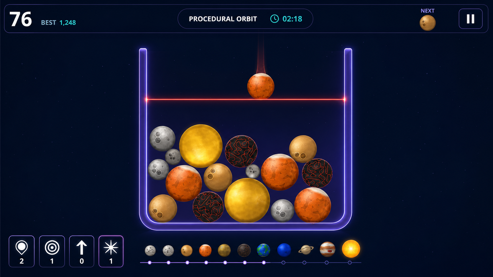 Cosmic Merge gameplay with colorful planets inside a glowing merge vessel