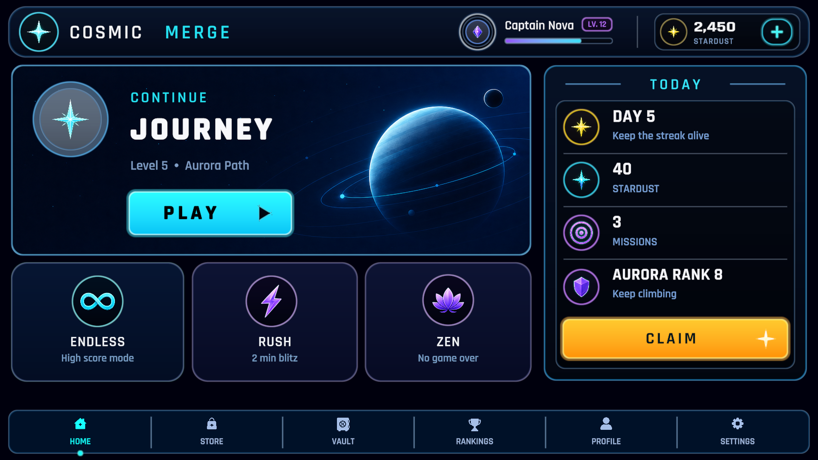 Cosmic Merge home screen showing Journey, Endless, Rush, and Zen modes