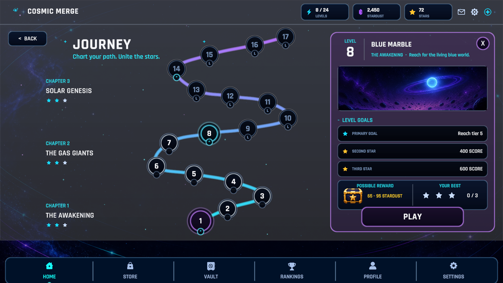 Cosmic Merge Journey map showing levels across The Awakening, The Gas Giants, and Solar Genesis